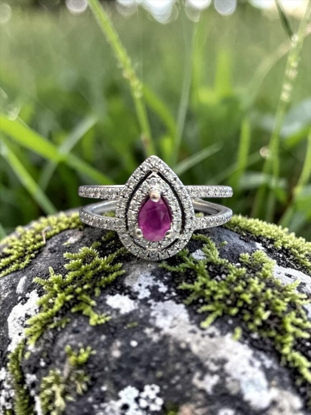 18K White Gold Pear-Cut Ruby & Double Halo Diamond Statement Ring with Appraisal